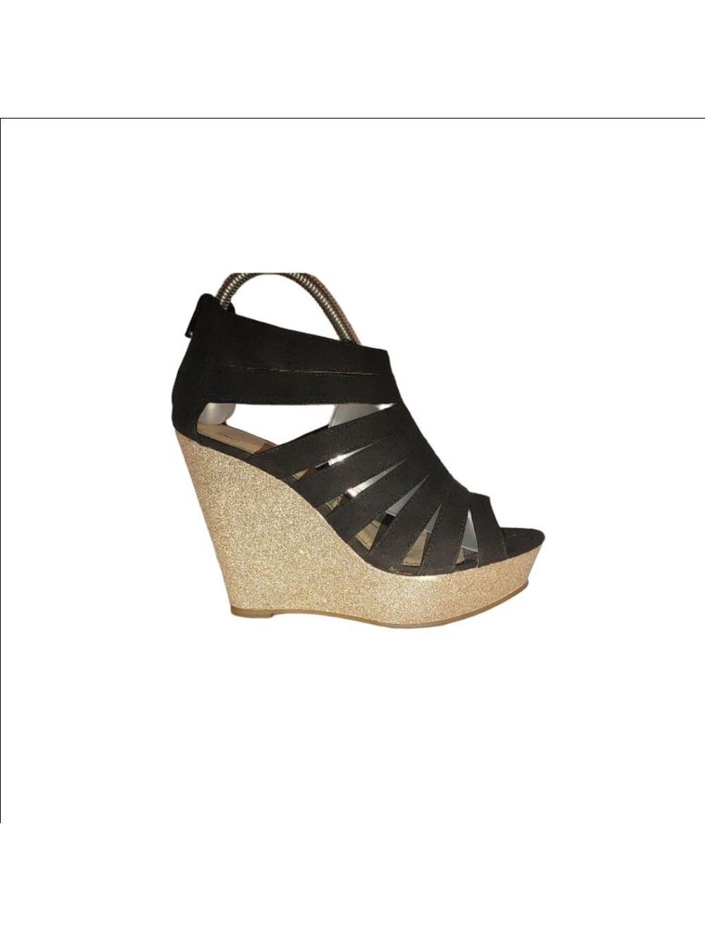 Elle Glitter Caged Faux Suede Platform Wedges Size 7.5